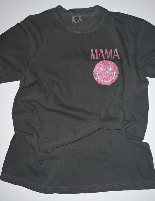 Pink glitter MAMA with blue checkers