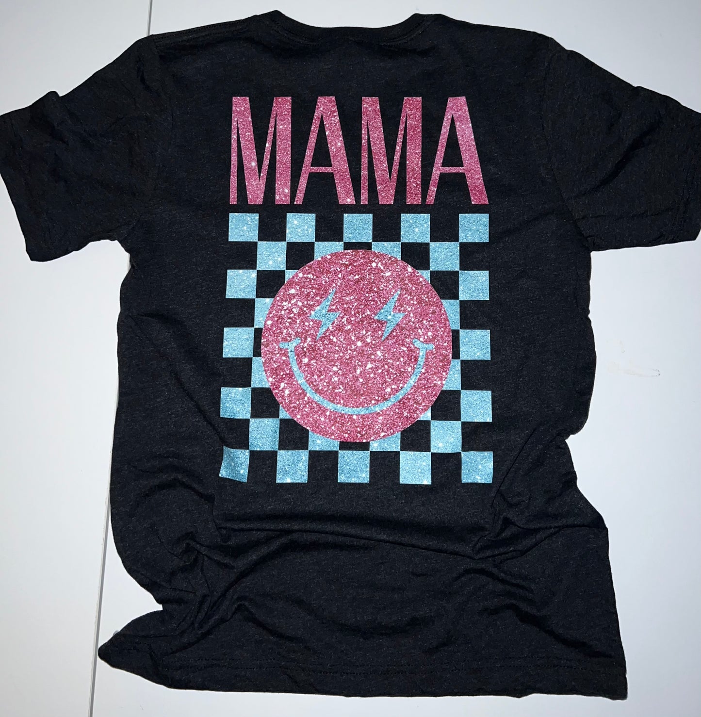 Pink glitter MAMA with blue checkers