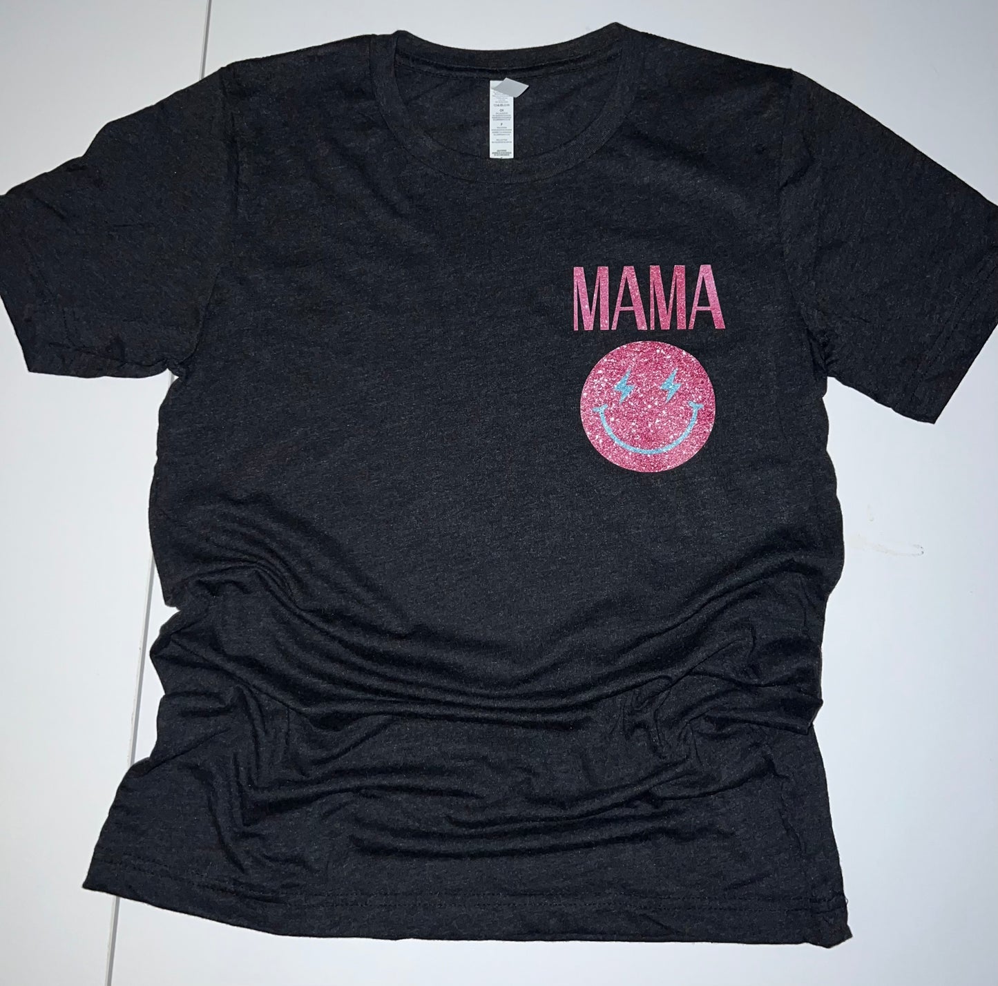 Pink glitter MAMA with blue checkers