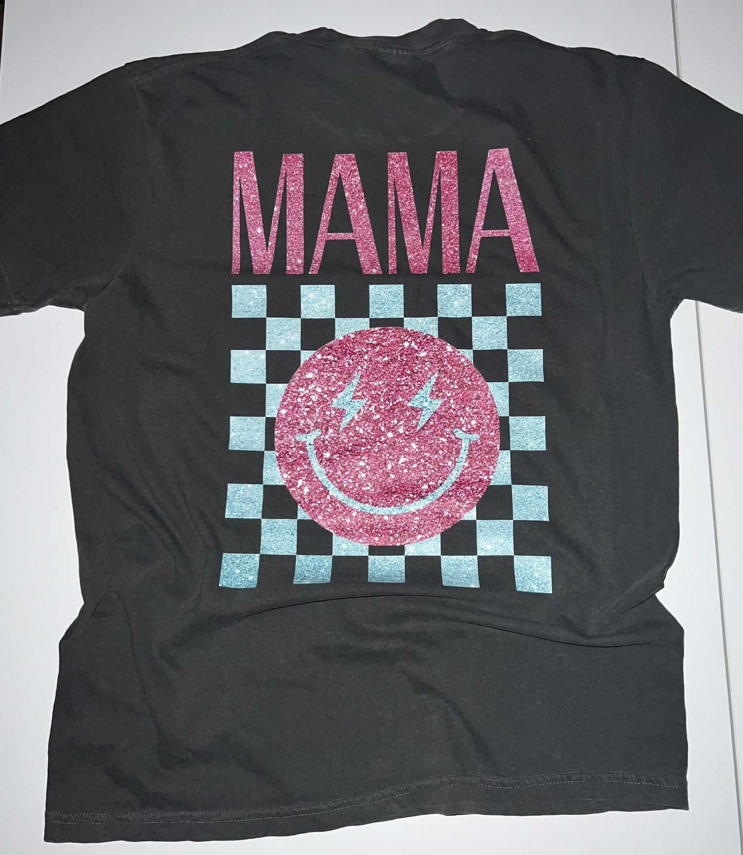 Pink glitter MAMA with blue checkers